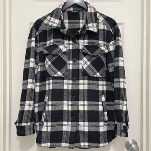 Members Mark Plaid Shacket Button Down Shirt Jacket Black‎ White Oversized Small